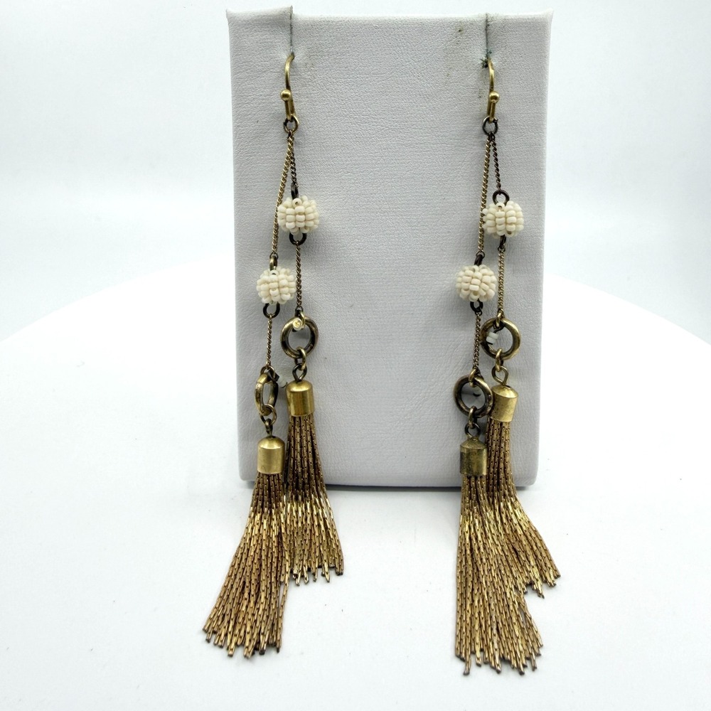 Vintage Brass Tone Tassel Dangle Earrings with Off White Seed Bead Accents Gift